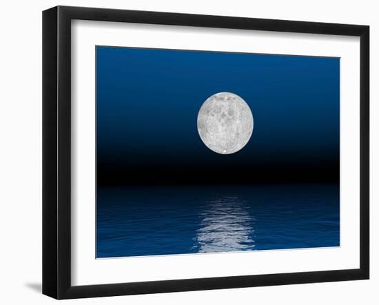 Beautiful Full Moon Against a Deep Blue Sky over the Ocean-null-Framed Art Print