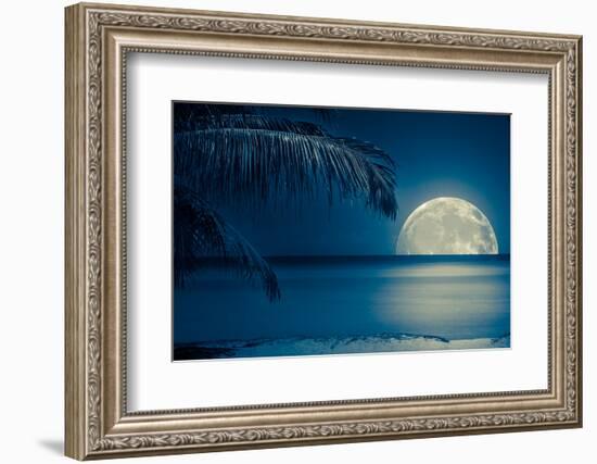 Beautiful Full Moon Reflected on the Calm Water of a Tropical Beach (Toned in Blue)-Kamira-Framed Photographic Print