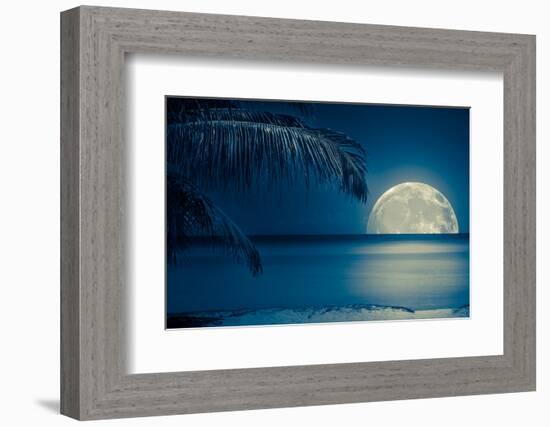 Beautiful Full Moon Reflected on the Calm Water of a Tropical Beach (Toned in Blue)-Kamira-Framed Photographic Print