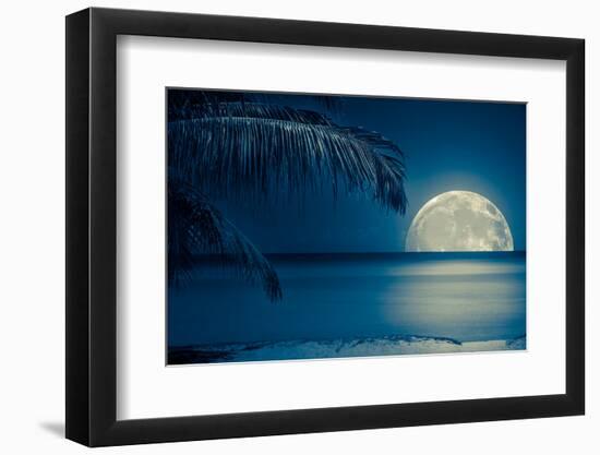 Beautiful Full Moon Reflected on the Calm Water of a Tropical Beach (Toned in Blue)-Kamira-Framed Photographic Print