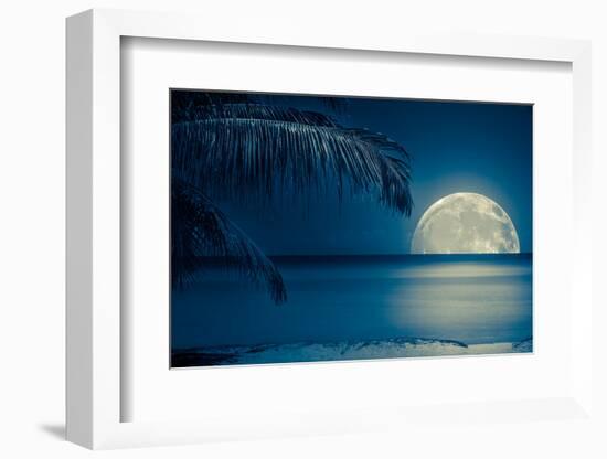 Beautiful Full Moon Reflected on the Calm Water of a Tropical Beach (Toned in Blue)-Kamira-Framed Photographic Print