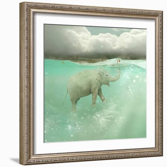 Beautiful Funny Elephant Swimmer Underwater with a Landscape in the Background-Valentina Photos-Framed Photographic Print