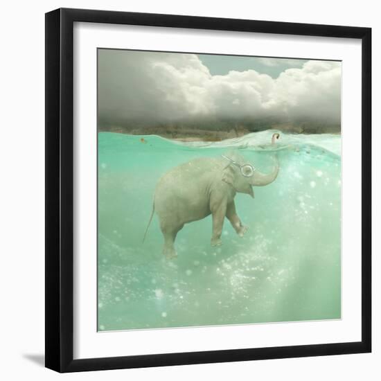 Beautiful Funny Elephant Swimmer Underwater with a Landscape in the Background-Valentina Photos-Framed Photographic Print