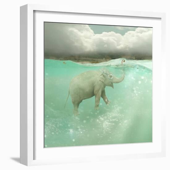 Beautiful Funny Elephant Swimmer Underwater with a Landscape in the Background-Valentina Photos-Framed Photographic Print