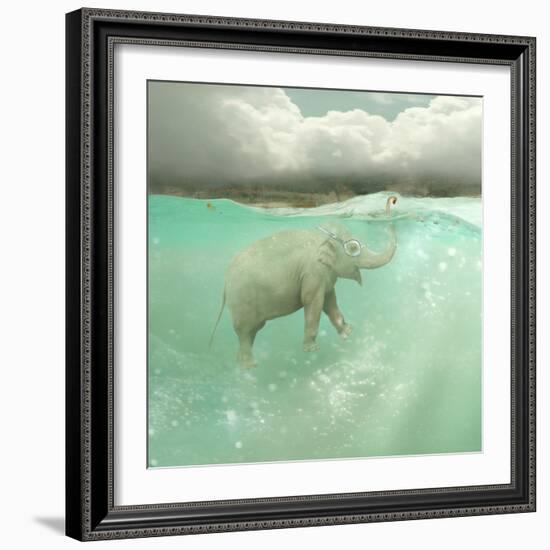 Beautiful Funny Elephant Swimmer Underwater with a Landscape in the Background-Valentina Photos-Framed Photographic Print