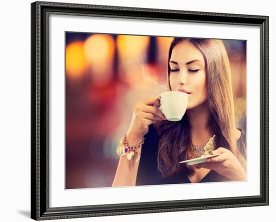 Beautiful Girl Drinking Tea or Coffee in Café-Subbotina Anna-Framed Photographic Print