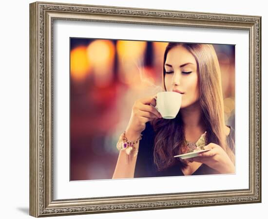 Beautiful Girl Drinking Tea or Coffee in Café-Subbotina Anna-Framed Photographic Print