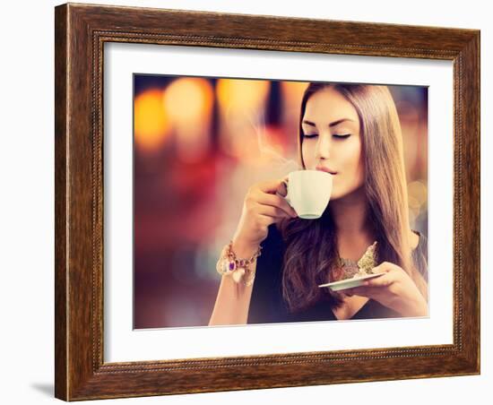 Beautiful Girl Drinking Tea or Coffee in Café-Subbotina Anna-Framed Photographic Print