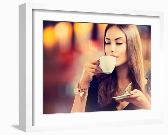 Beautiful Girl Drinking Tea or Coffee in Café-Subbotina Anna-Framed Photographic Print