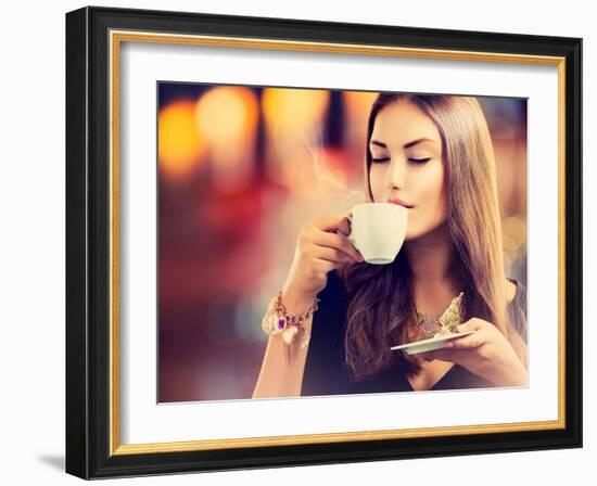 Beautiful Girl Drinking Tea or Coffee in Café-Subbotina Anna-Framed Photographic Print