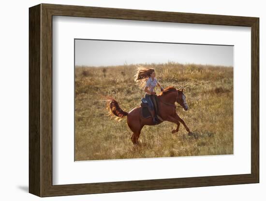 Beautiful Girl Riding a Horse  in Countryside.-PH.OK-Framed Photographic Print