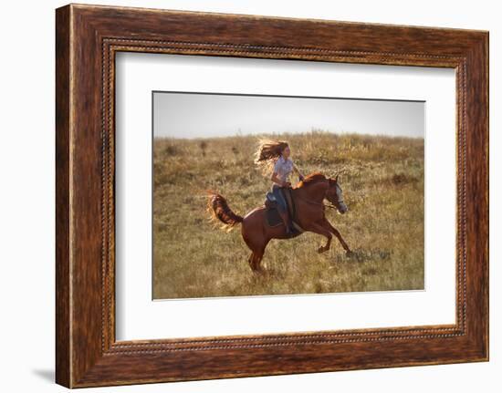 Beautiful Girl Riding a Horse  in Countryside.-PH.OK-Framed Photographic Print