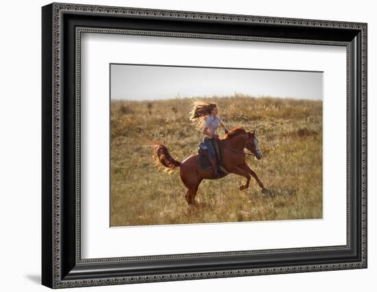 Beautiful Girl Riding a Horse  in Countryside.-PH.OK-Framed Photographic Print