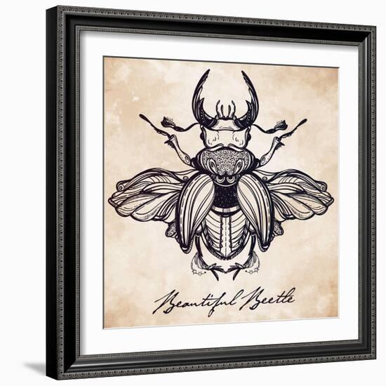 Beautiful Hand Drawn Antique Stag Beetle,The Largest Insect. Vintage Style Tattoo Vector Art. Engra-Katja Gerasimova-Framed Art Print