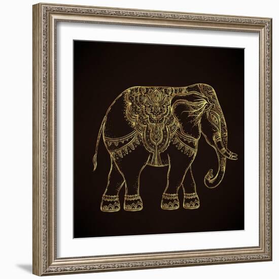 Beautiful Hand-Drawn Tribal Style Elephant. Golden Design with Boho Mandala Patterns, Ornaments. Et-Gorbash Varvara-Framed Art Print