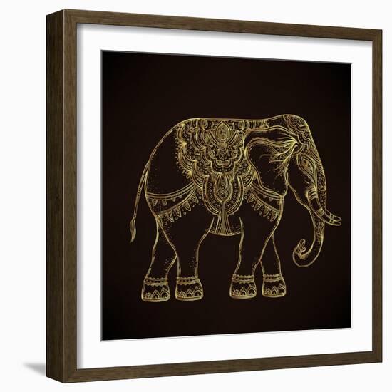 Beautiful Hand-Drawn Tribal Style Elephant. Golden Design with Boho Mandala Patterns, Ornaments. Et-Gorbash Varvara-Framed Art Print