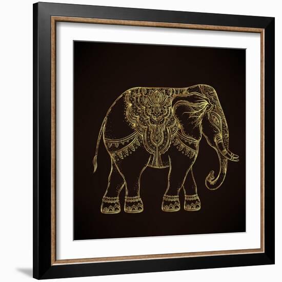 Beautiful Hand-Drawn Tribal Style Elephant. Golden Design with Boho Mandala Patterns, Ornaments. Et-Gorbash Varvara-Framed Art Print