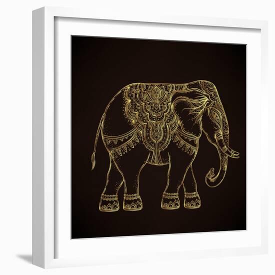 Beautiful Hand-Drawn Tribal Style Elephant. Golden Design with Boho Mandala Patterns, Ornaments. Et-Gorbash Varvara-Framed Art Print