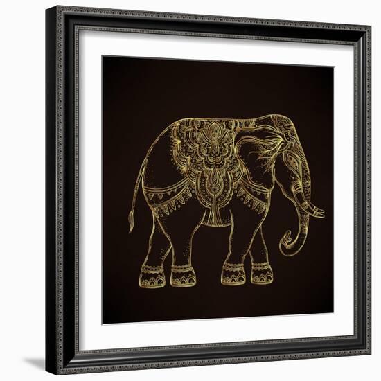 Beautiful Hand-Drawn Tribal Style Elephant. Golden Design with Boho Mandala Patterns, Ornaments. Et-Gorbash Varvara-Framed Art Print