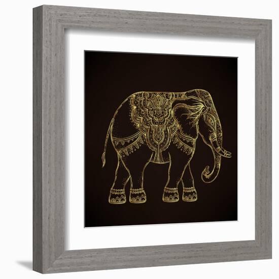 Beautiful Hand-Drawn Tribal Style Elephant. Golden Design with Boho Mandala Patterns, Ornaments. Et-Gorbash Varvara-Framed Art Print