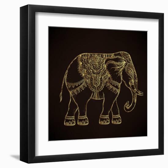 Beautiful Hand-Drawn Tribal Style Elephant. Golden Design with Boho Mandala Patterns, Ornaments. Et-Gorbash Varvara-Framed Art Print
