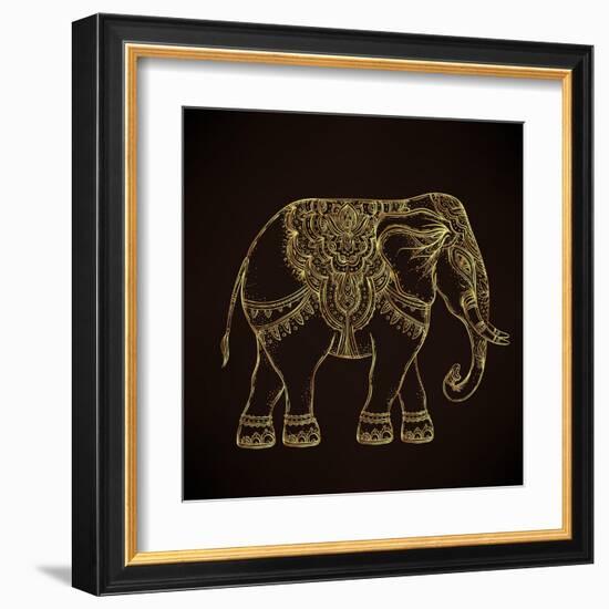 Beautiful Hand-Drawn Tribal Style Elephant. Golden Design with Boho Mandala Patterns, Ornaments. Et-Gorbash Varvara-Framed Art Print