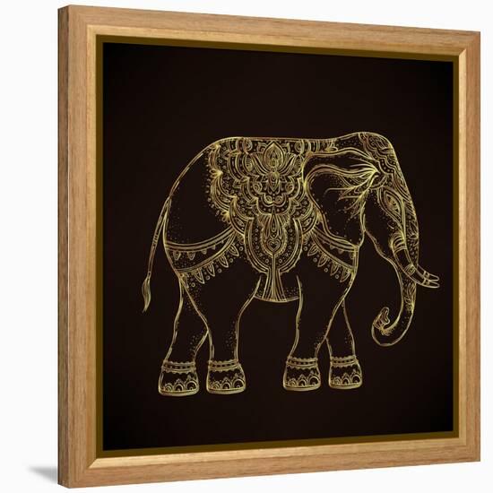 Beautiful Hand-Drawn Tribal Style Elephant. Golden Design with Boho Mandala Patterns, Ornaments. Et-Gorbash Varvara-Framed Stretched Canvas
