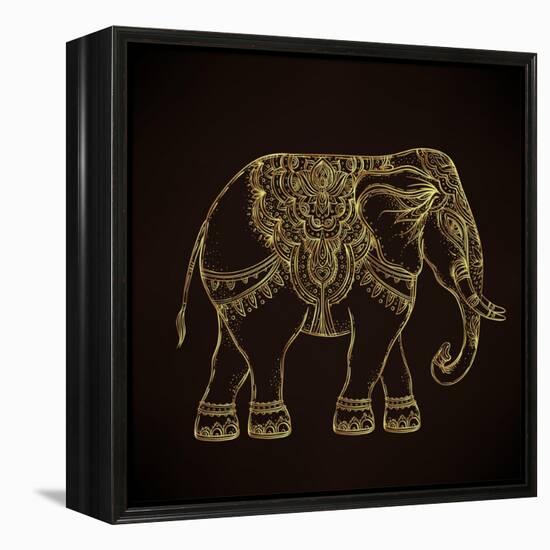 Beautiful Hand-Drawn Tribal Style Elephant. Golden Design with Boho Mandala Patterns, Ornaments. Et-Gorbash Varvara-Framed Stretched Canvas