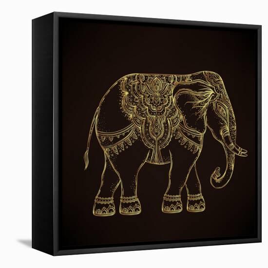 Beautiful Hand-Drawn Tribal Style Elephant. Golden Design with Boho Mandala Patterns, Ornaments. Et-Gorbash Varvara-Framed Stretched Canvas