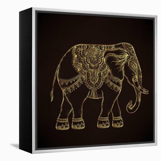 Beautiful Hand-Drawn Tribal Style Elephant. Golden Design with Boho Mandala Patterns, Ornaments. Et-Gorbash Varvara-Framed Stretched Canvas