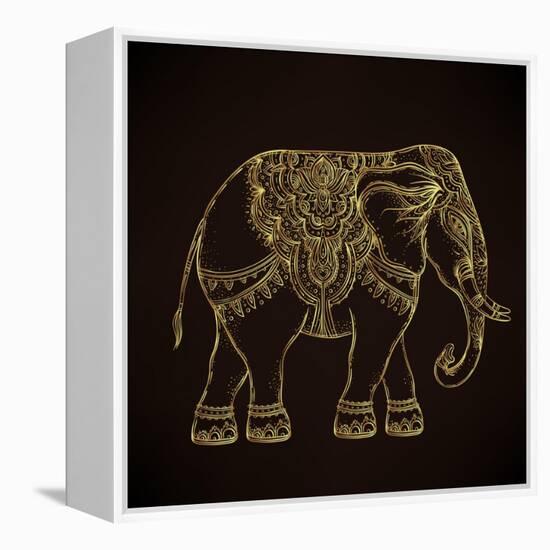 Beautiful Hand-Drawn Tribal Style Elephant. Golden Design with Boho Mandala Patterns, Ornaments. Et-Gorbash Varvara-Framed Stretched Canvas