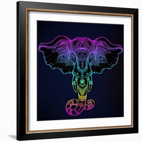 Beautiful Hand-Drawn Tribal Style Elephant. Tattoo Design, Boho Mandala Patterns. Ethnic Background-Gorbash Varvara-Framed Art Print