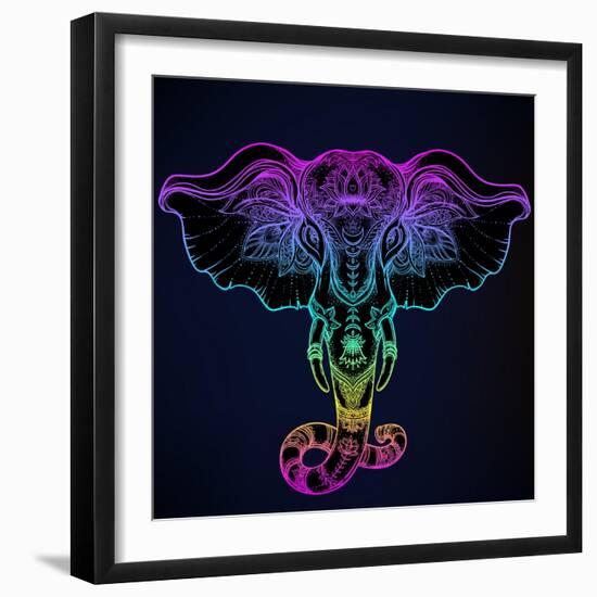 Beautiful Hand-Drawn Tribal Style Elephant. Tattoo Design, Boho Mandala Patterns. Ethnic Background-Gorbash Varvara-Framed Art Print