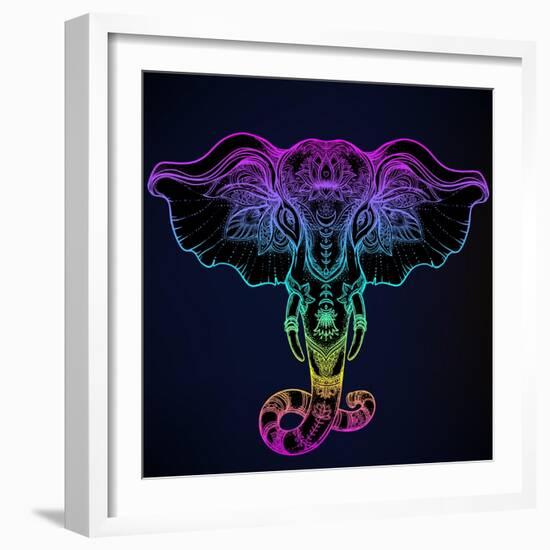 Beautiful Hand-Drawn Tribal Style Elephant. Tattoo Design, Boho Mandala Patterns. Ethnic Background-Gorbash Varvara-Framed Art Print