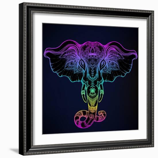 Beautiful Hand-Drawn Tribal Style Elephant. Tattoo Design, Boho Mandala Patterns. Ethnic Background-Gorbash Varvara-Framed Art Print