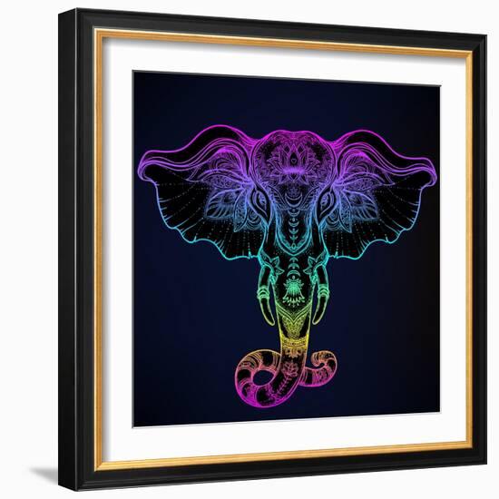 Beautiful Hand-Drawn Tribal Style Elephant. Tattoo Design, Boho Mandala Patterns. Ethnic Background-Gorbash Varvara-Framed Art Print