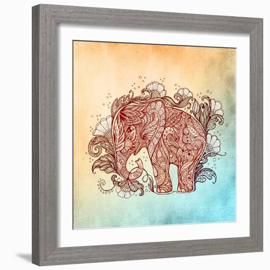 Beautiful Hand-Painted Elephant with Floral Ornament-Vensk-Framed Art Print