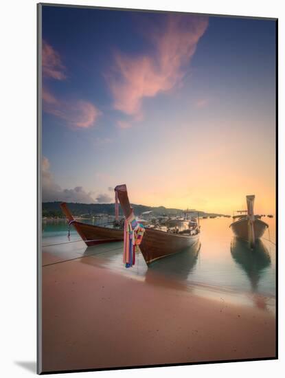 Beautiful Image of Sunrise with Colorful Sky and Longtail Boat on the Sea Tropical Beach. Thailand-Hanna Slavinska-Mounted Photographic Print