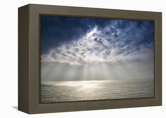 Beautiful Inspirational Sun Beams over Ocean on Cloudy Day-Veneratio-Framed Premier Image Canvas