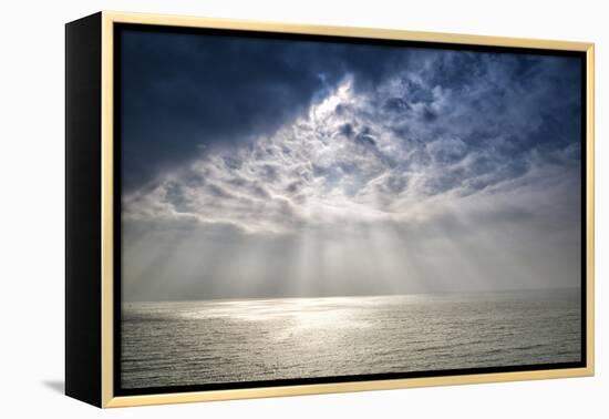 Beautiful Inspirational Sun Beams over Ocean on Cloudy Day-Veneratio-Framed Premier Image Canvas