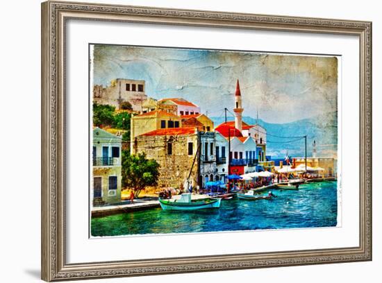 Beautiful Kastelorizo Bay (Greece, Dodecanes) - Artwork In Painting Style-Maugli-l-Framed Premium Giclee Print