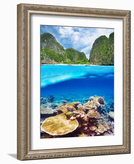 Beautiful Lagoon with Coral Reef Bottom Underwater and above Water Split View-haveseen-Framed Photographic Print