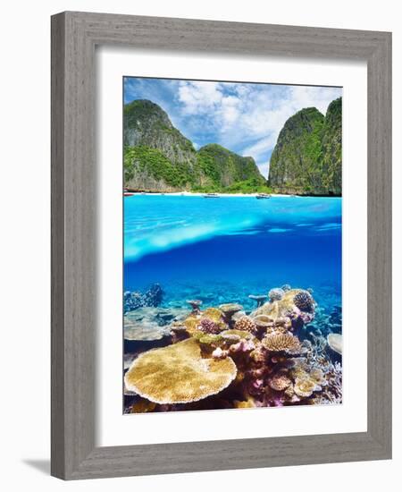 Beautiful Lagoon with Coral Reef Bottom Underwater and above Water Split View-haveseen-Framed Photographic Print