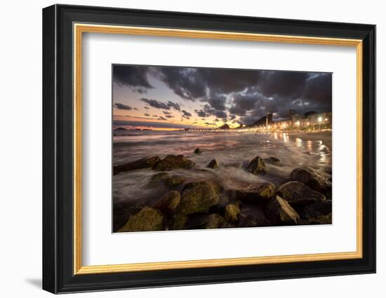 Beautiful Landscape in Leme Beach Seen from the Sand with Water Rolling over Rocks and Sunset Cloud-Vitor Marigo-Framed Photographic Print