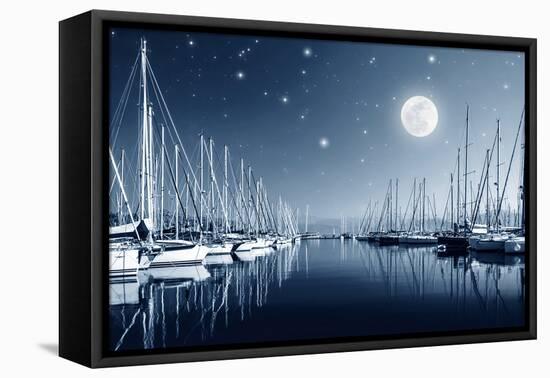 Beautiful Landscape of Yacht Harbor at Night, Full Moon, Marina in Bright Moonlight, Luxury Water T-Anna Omelchenko-Framed Premier Image Canvas