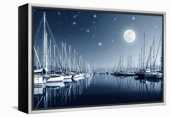 Beautiful Landscape of Yacht Harbor at Night, Full Moon, Marina in Bright Moonlight, Luxury Water T-Anna Omelchenko-Framed Premier Image Canvas