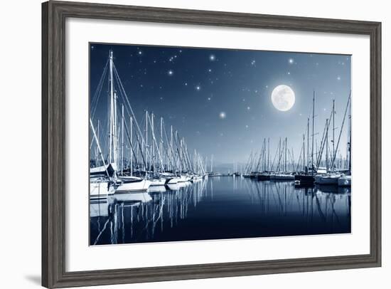 Beautiful Landscape of Yacht Harbor at Night, Full Moon, Marina in Bright Moonlight, Luxury Water T-Anna Omelchenko-Framed Photographic Print