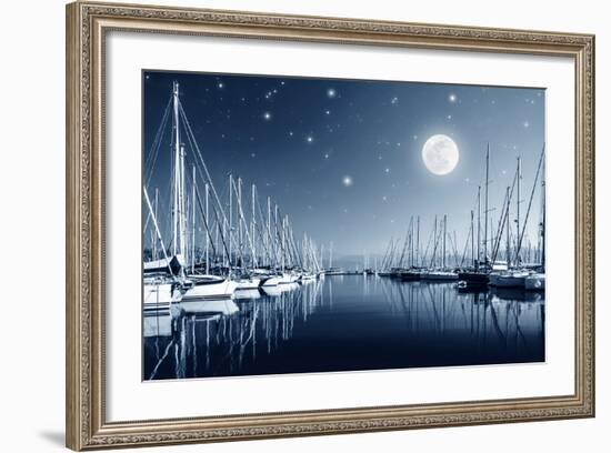 Beautiful Landscape of Yacht Harbor at Night, Full Moon, Marina in Bright Moonlight, Luxury Water T-Anna Omelchenko-Framed Photographic Print