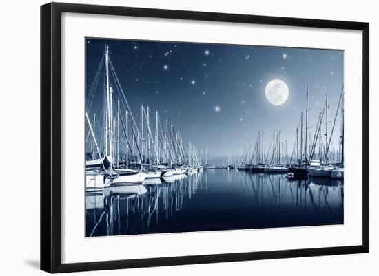 Beautiful Landscape of Yacht Harbor at Night, Full Moon, Marina in Bright Moonlight, Luxury Water T-Anna Omelchenko-Framed Photographic Print