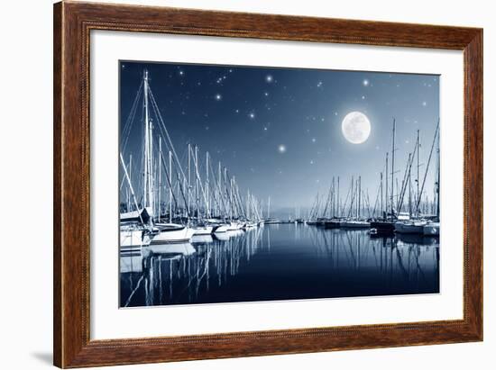 Beautiful Landscape of Yacht Harbor at Night, Full Moon, Marina in Bright Moonlight, Luxury Water T-Anna Omelchenko-Framed Photographic Print